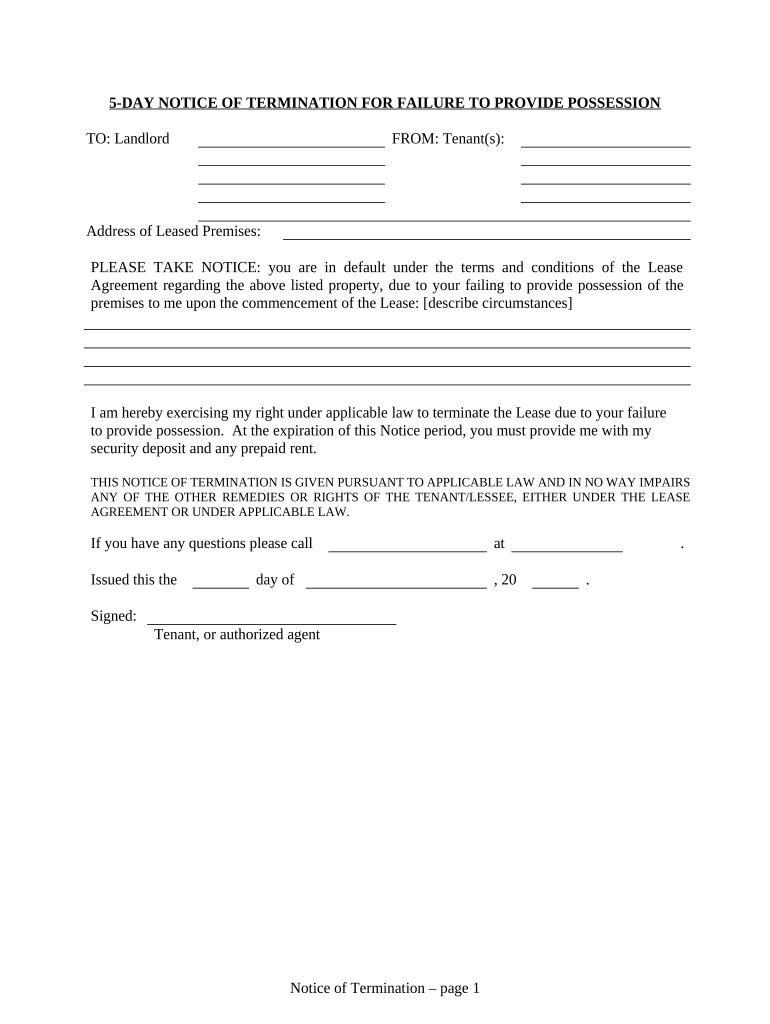 5 Day Notice to Termination for Failure to Deliver Possession of Leased Premises for Residential from Tenant to Landlord Nebrask  Form