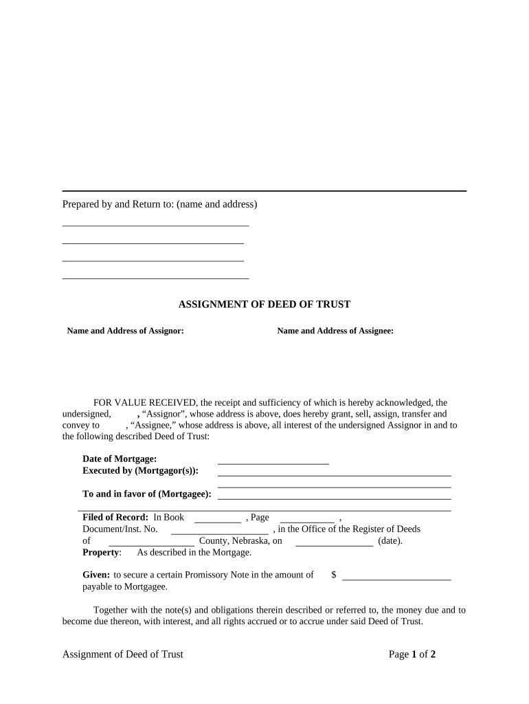 Assignment of Deed of Trust by Individual Mortgage Holder Nebraska  Form