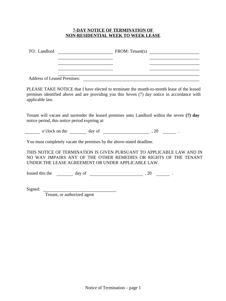 7 Day Notice to Terminate Week to Week Tenancy Nonresidential from Tenant to Landlord Nebraska  Form