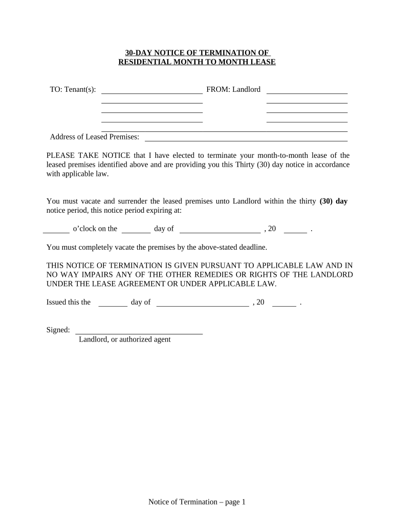 30 Day Notice to Terminate Month to Month Tenancy Residential from Landlord to Tenant Nebraska  Form