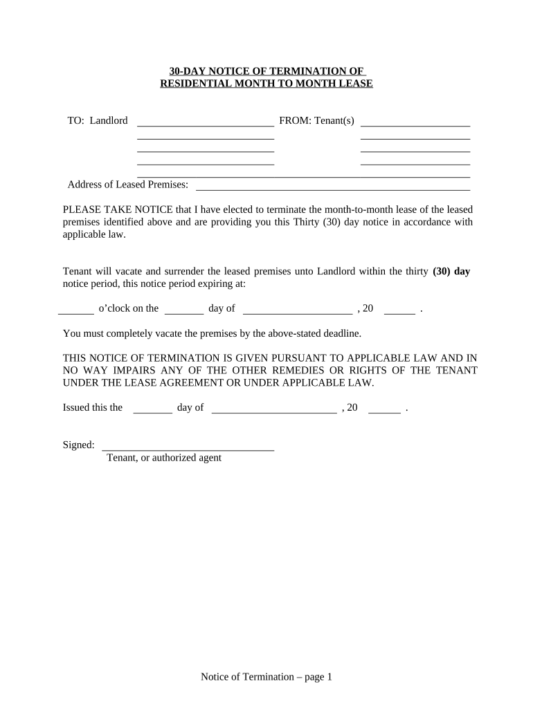 30 Day Notice to Terminate Month to Month Tenancy Residential from Tenant to Landlord Nebraska  Form