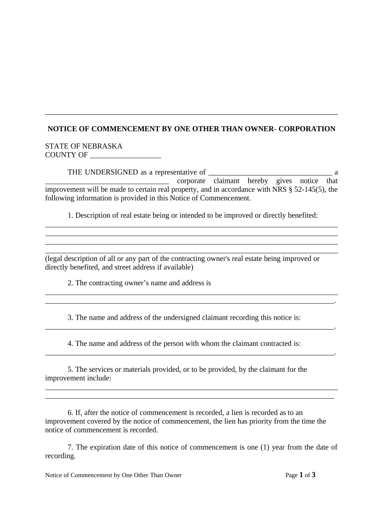 Notice of Commencement by One Other Than Owner Corporation or LLC Nebraska  Form