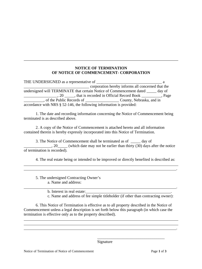 Notice of Termination of Notice of Commencement Corporation or LLC Nebraska  Form