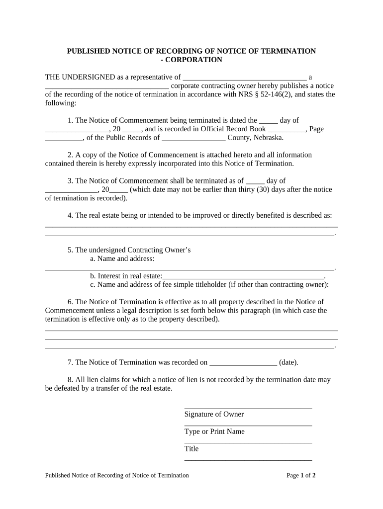 Published Notice of Recording of Notice of Termination Corporation Nebraska  Form