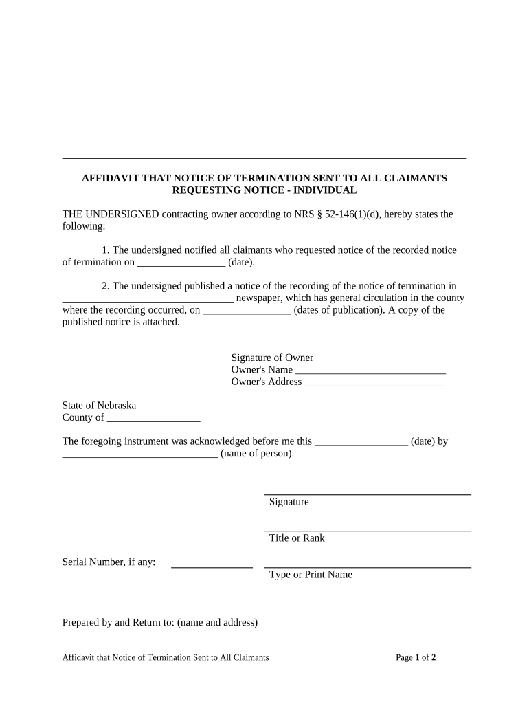 Affidavit that Notice of Termination Sent to All Claimants Requesting Notice Individual Nebraska  Form