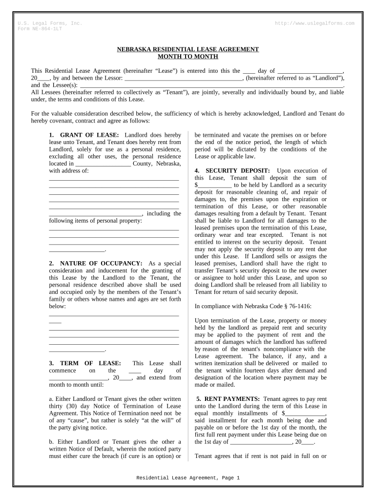 Residential Lease or Rental Agreement for Month to Month Nebraska  Form