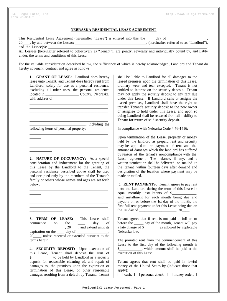 Residential Rental Lease Agreement Nebraska  Form