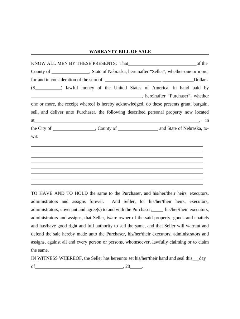 Bill of Sale with Warranty by Individual Seller Nebraska  Form