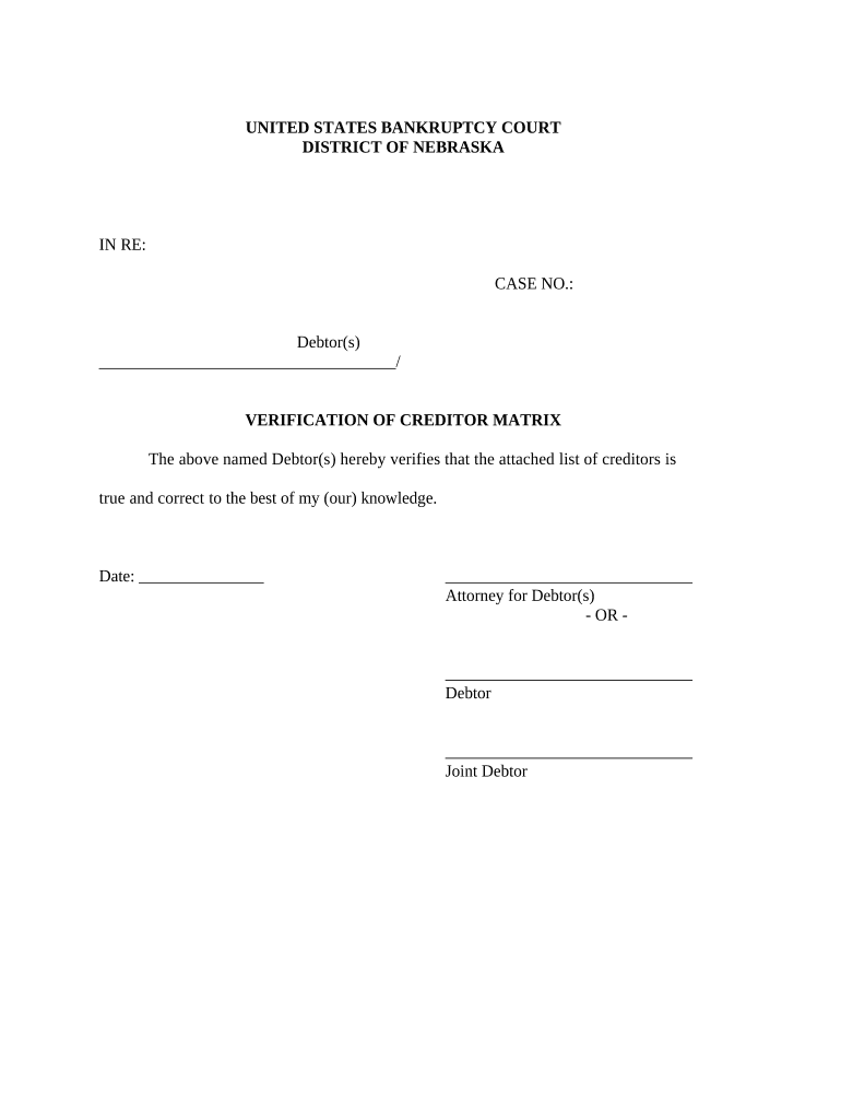 Verification of Creditors Matrix Nebraska  Form