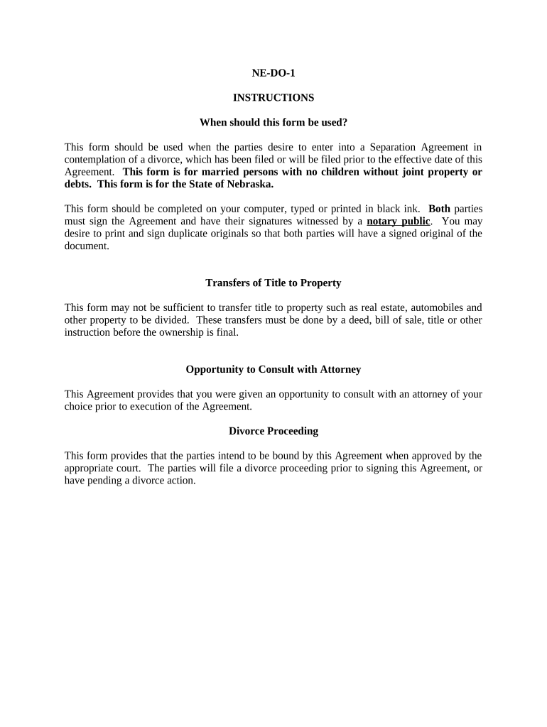 Marital Domestic Separation and Property Settlement Agreement for Persons with No Children, No Joint Property or Debts Where Div  Form