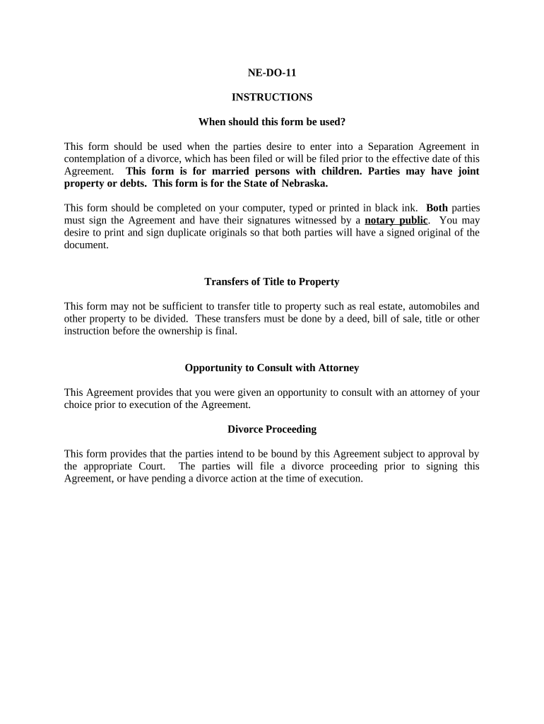 Marital Domestic Separation and Property Settlement Agreement Minor Children Parties May Have Joint Property or Debts Where Divo  Form