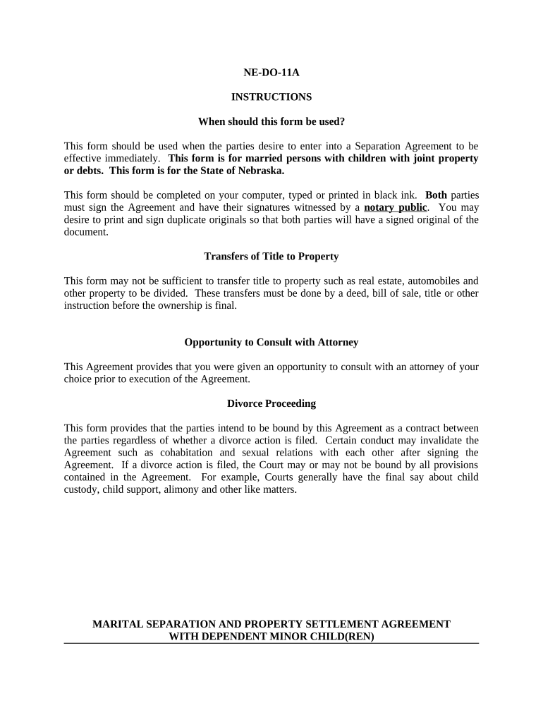 Marital Domestic Separation and Property Settlement Agreement Minor Children Parties May Have Joint Property or Debts Effective   Form