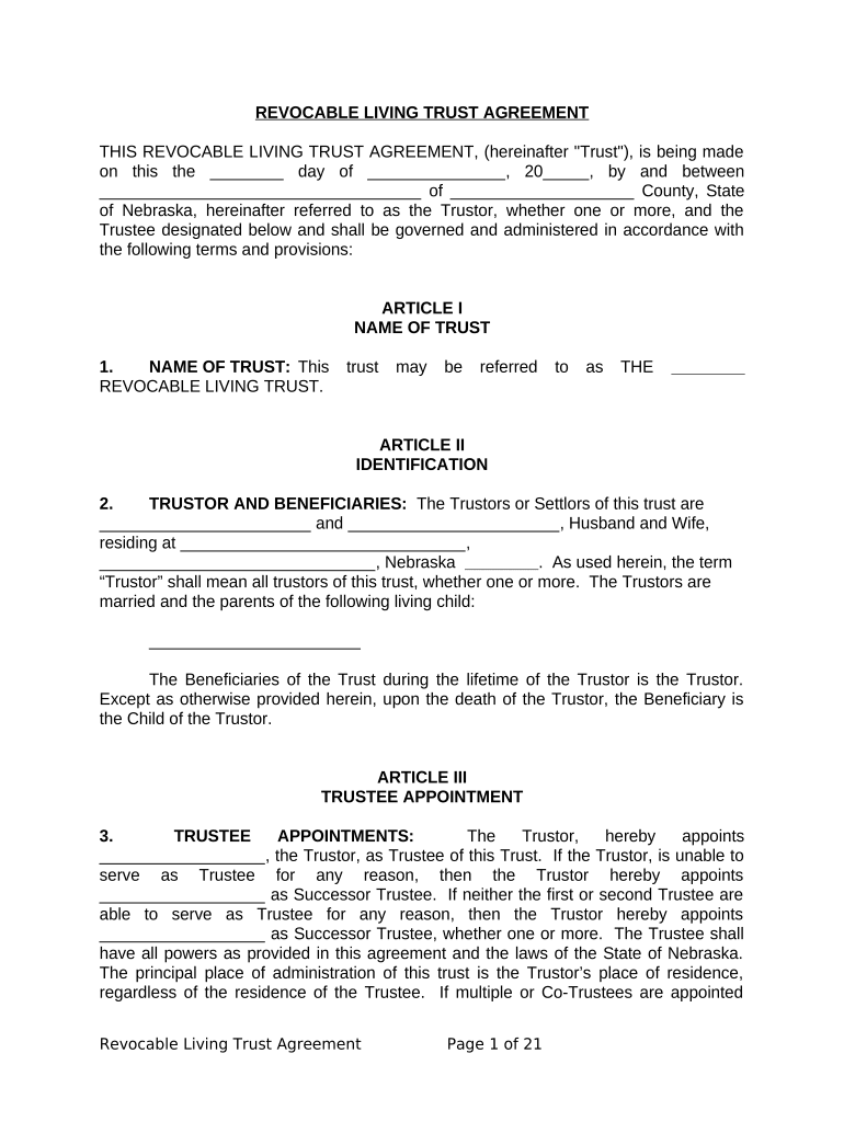 Living Trust for Husband and Wife with One Child Nebraska  Form