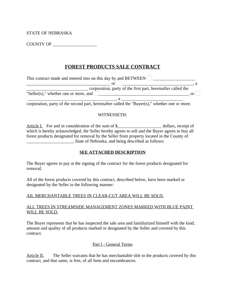 Nebraska Forest Products Timber Sale Contract Nebraska  Form