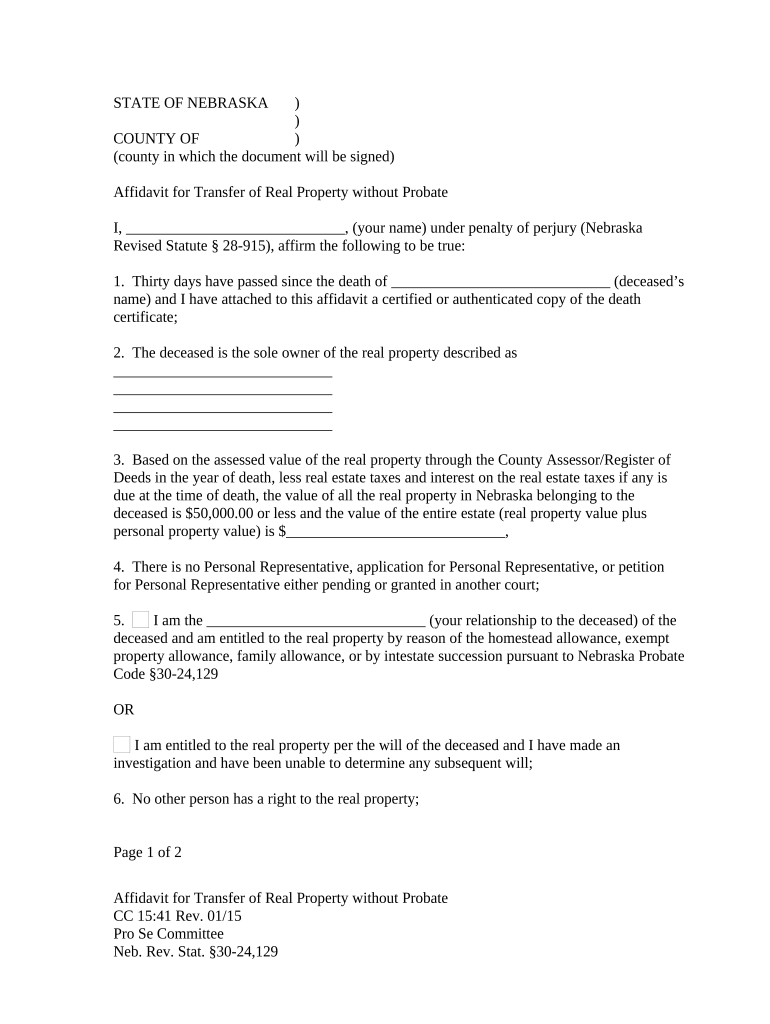 Nebraska Small Estate Affidavit  Form