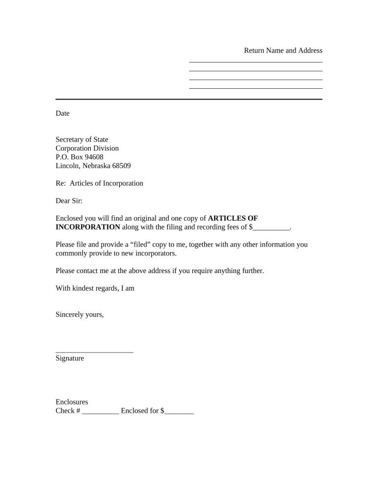 Sample Transmittal Letter to Secretary of State's Office to File Articles of Incorporation Nebraska Nebraska  Form