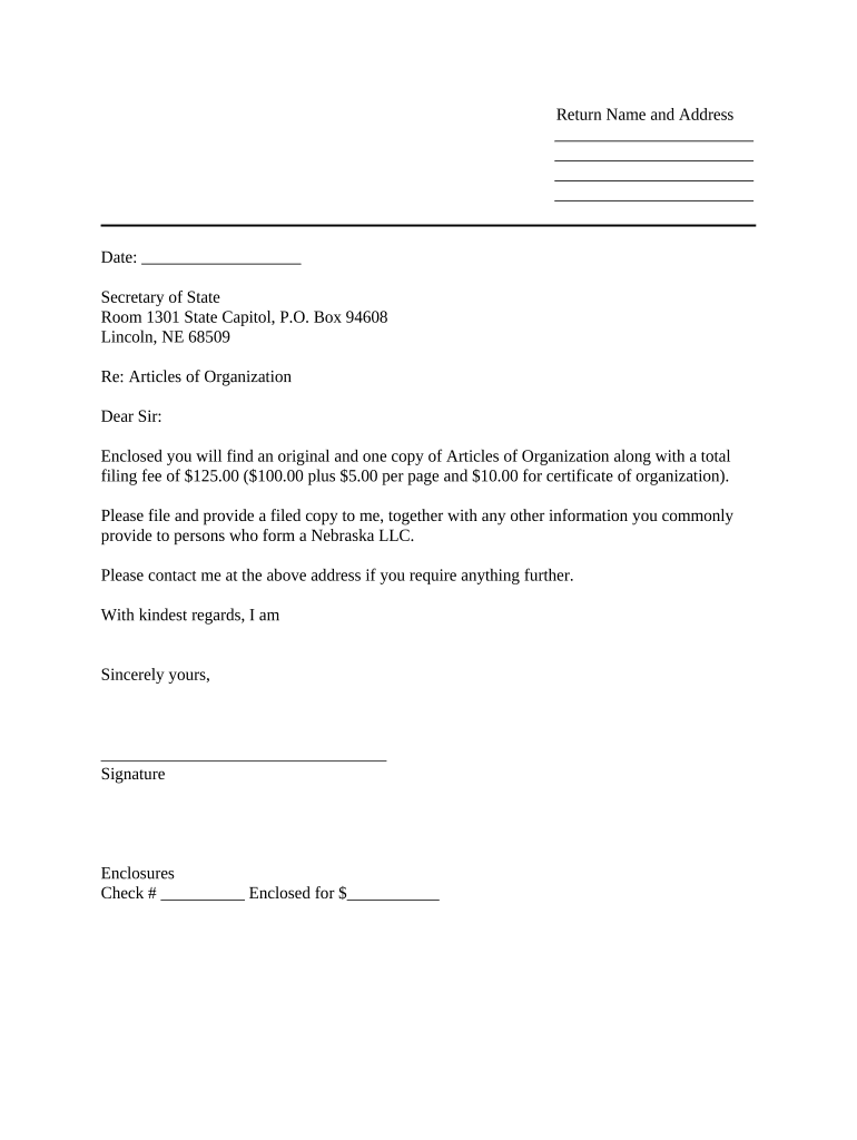 Sample Cover Letter for Filing of LLC Articles or Certificate with Secretary of State Nebraska  Form