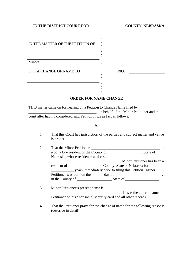 Order for Name Change Multiple Minors Nebraska  Form