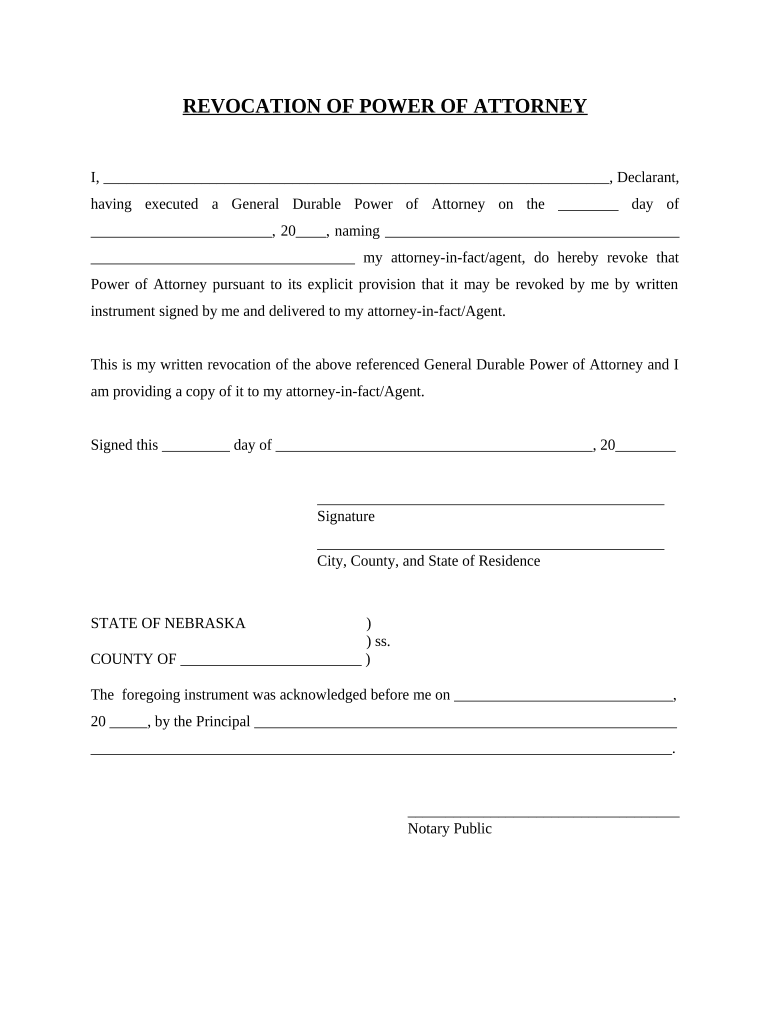 Revocation of General Durable Power of Attorney Nebraska  Form