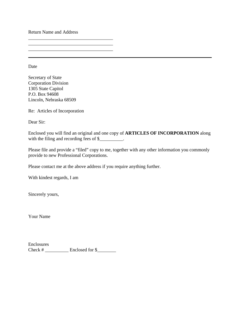 Sample Transmittal Letter for Articles of Incorporation Nebraska  Form