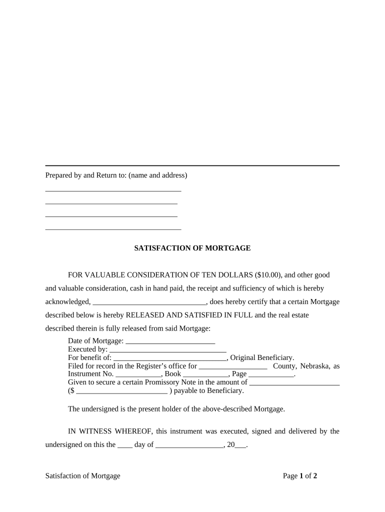 Release of Mortgage by Corporation Nebraska  Form