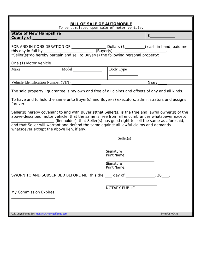 Bill of Sale of Automobile and Odometer Statement New Hampshire  Form
