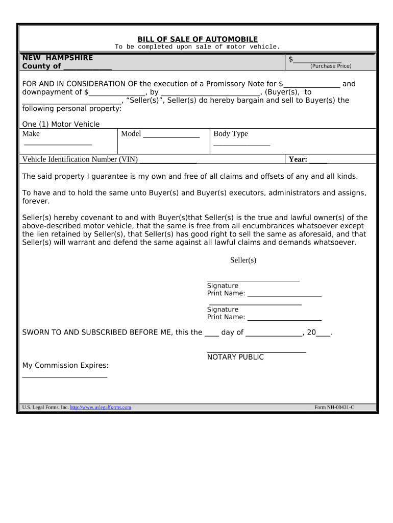 Bill of Sale for Automobile or Vehicle Including Odometer Statement and Promissory Note New Hampshire  Form