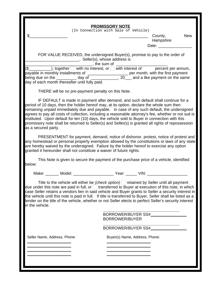 Promissory Note in Connection with Sale of Vehicle or Automobile New Hampshire  Form