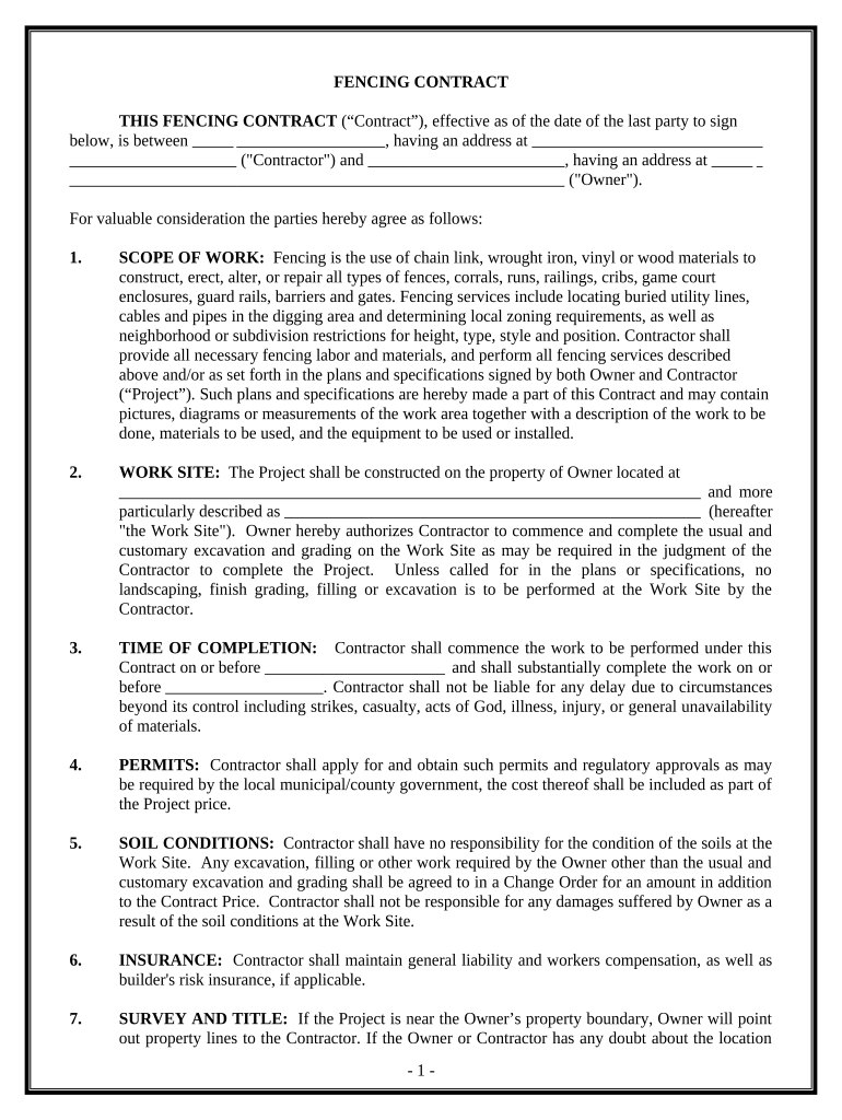 Fencing Contract for Contractor New Hampshire  Form