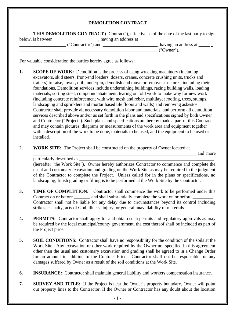 Demolition Contract for Contractor New Hampshire  Form