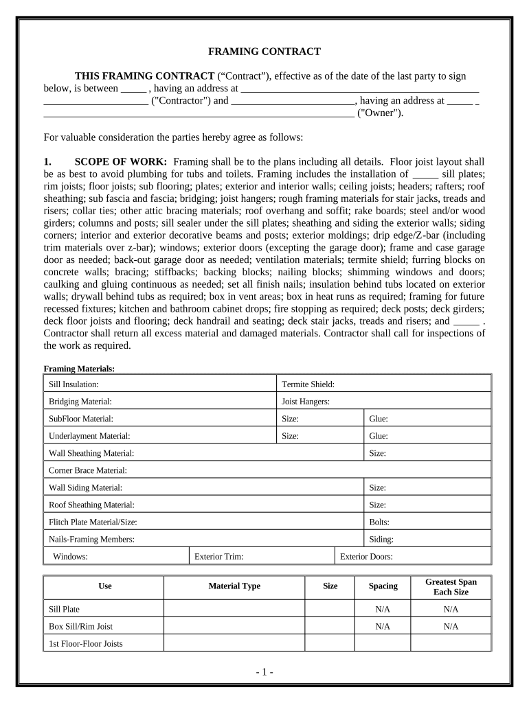 Framing Contract for Contractor New Hampshire  Form