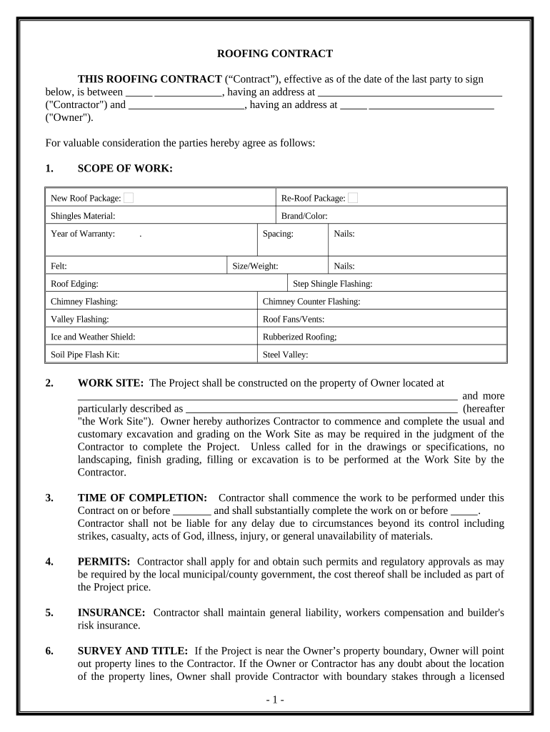 Roofing Contract for Contractor New Hampshire  Form