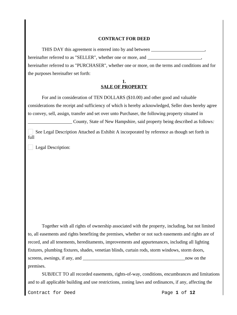 Agreement or Contract for Deed for Sale and Purchase of Real Estate Aka Land or Executory Contract New Hampshire  Form