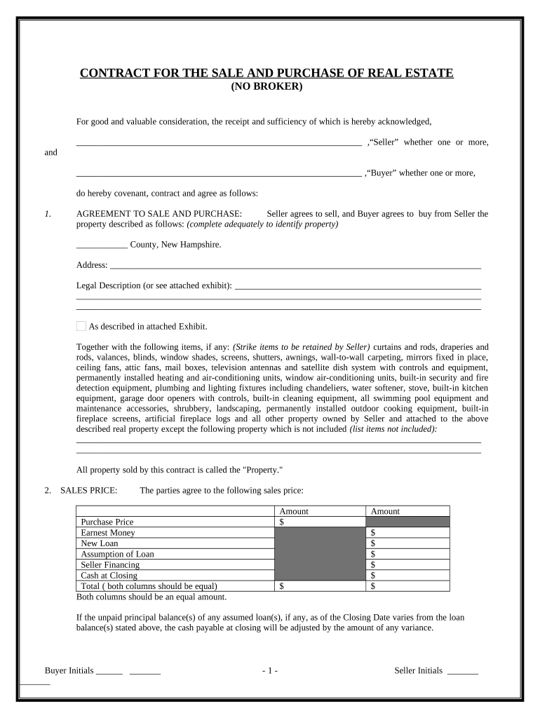 Contract for Sale and Purchase of Real Estate with No Broker for Residential Home Sale Agreement New Hampshire  Form