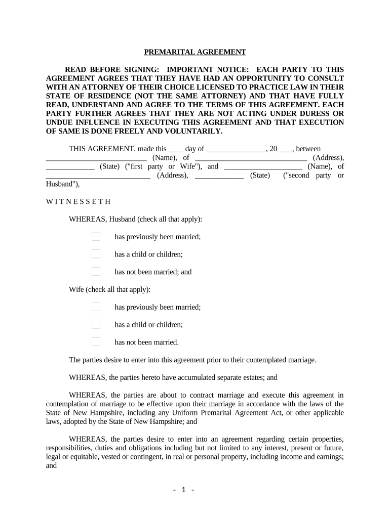 New Hampshire Prenuptial Premarital Agreement with Financial Statements New Hampshire  Form