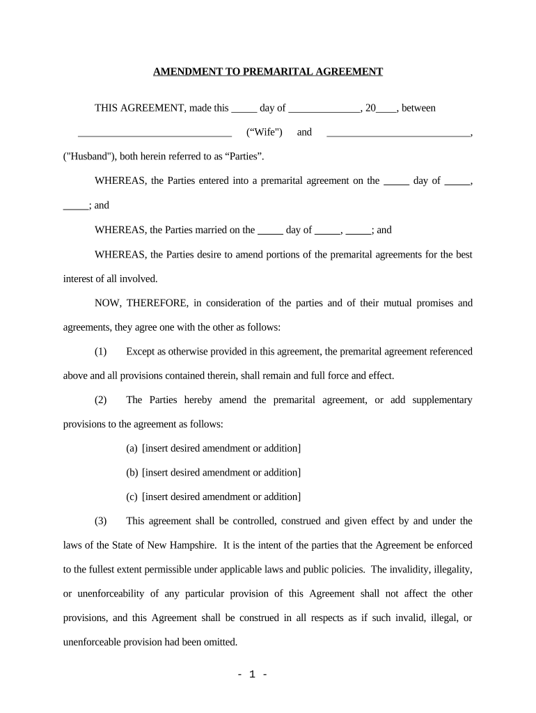 Amendment to Prenuptial or Premarital Agreement New Hampshire  Form