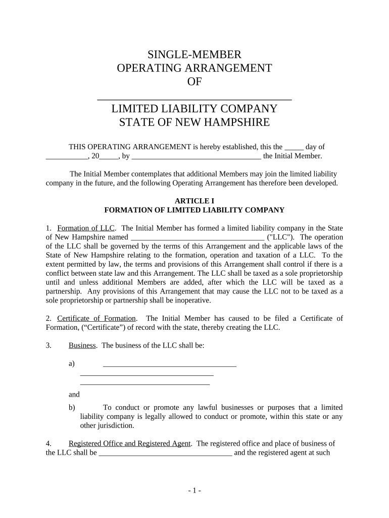 Single Member Limited Liability Company LLC Operating Agreement New Hampshire  Form
