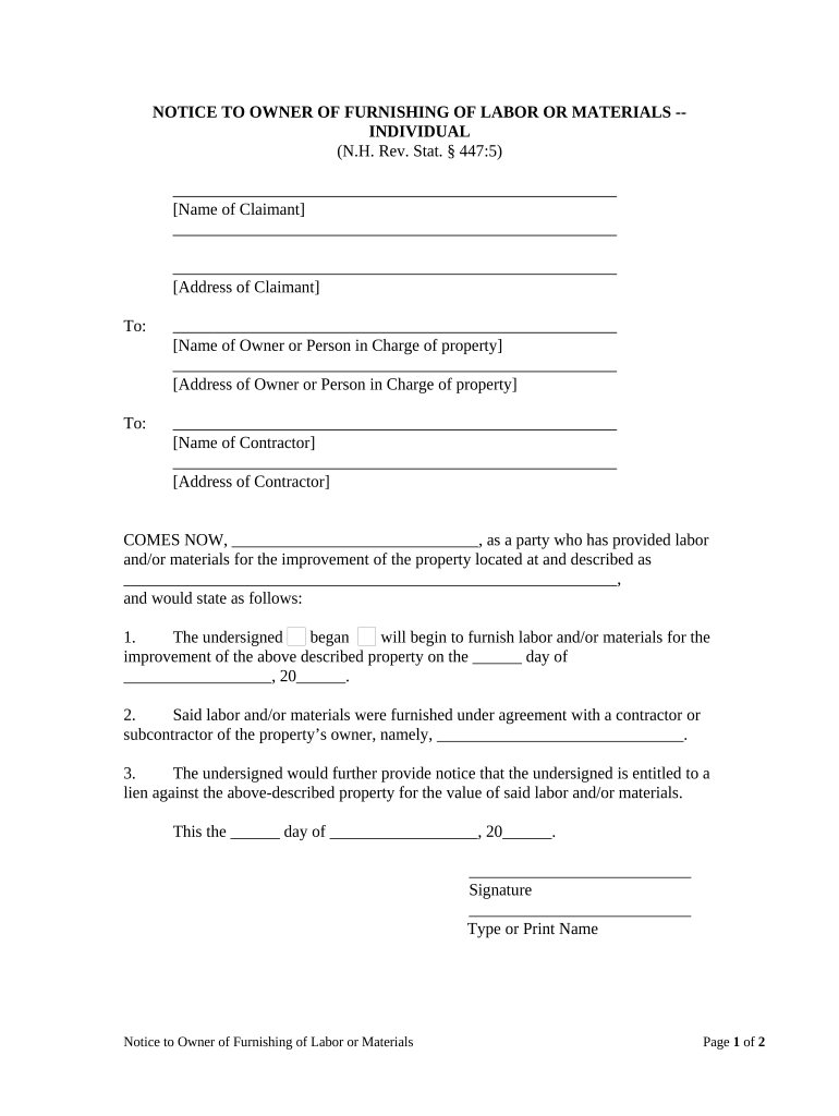 Notice to Owner of Furnishing of Labor or Materials Individual New Hampshire  Form