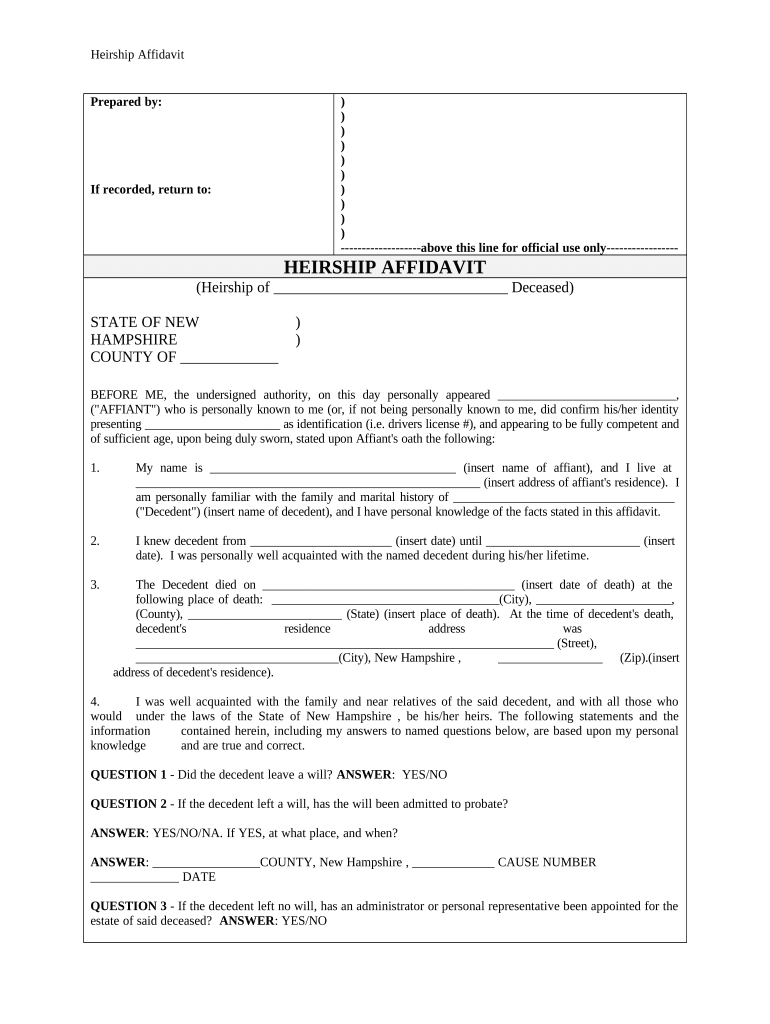 Heirship Affidavit Descent New Hampshire  Form