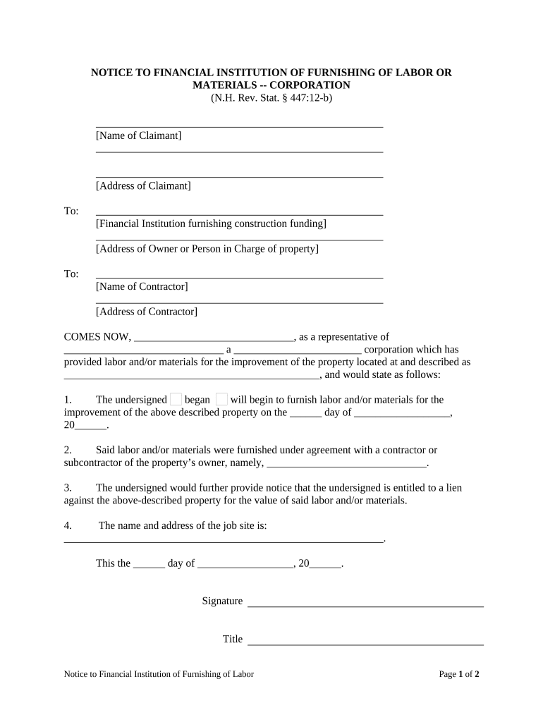 Notice to Financial Institution of Furnishing of Labor or Materials Corporation or LLC New Hampshire  Form