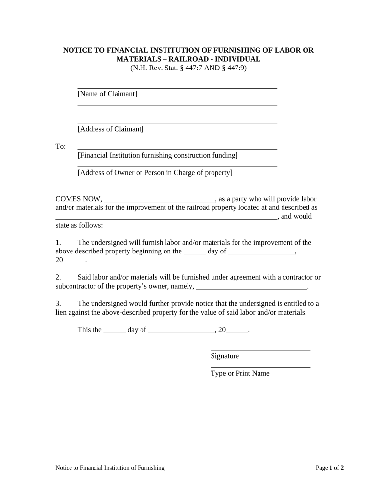 Notice to Financial Institution of Furnishing of Labor or Materials Railroad Individual New Hampshire  Form
