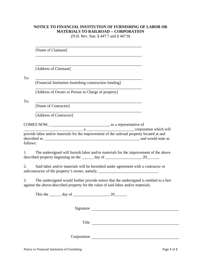 Notice to Financial Institution of Furnishing of Labor or Materials Railroad Corporation New Hampshire  Form