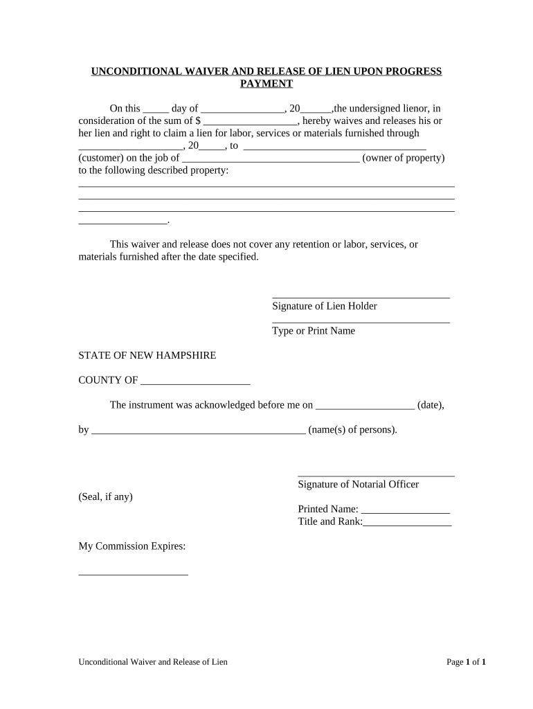 Unconditional Waiver and Release of Lien Upon Progress Payment New Hampshire  Form