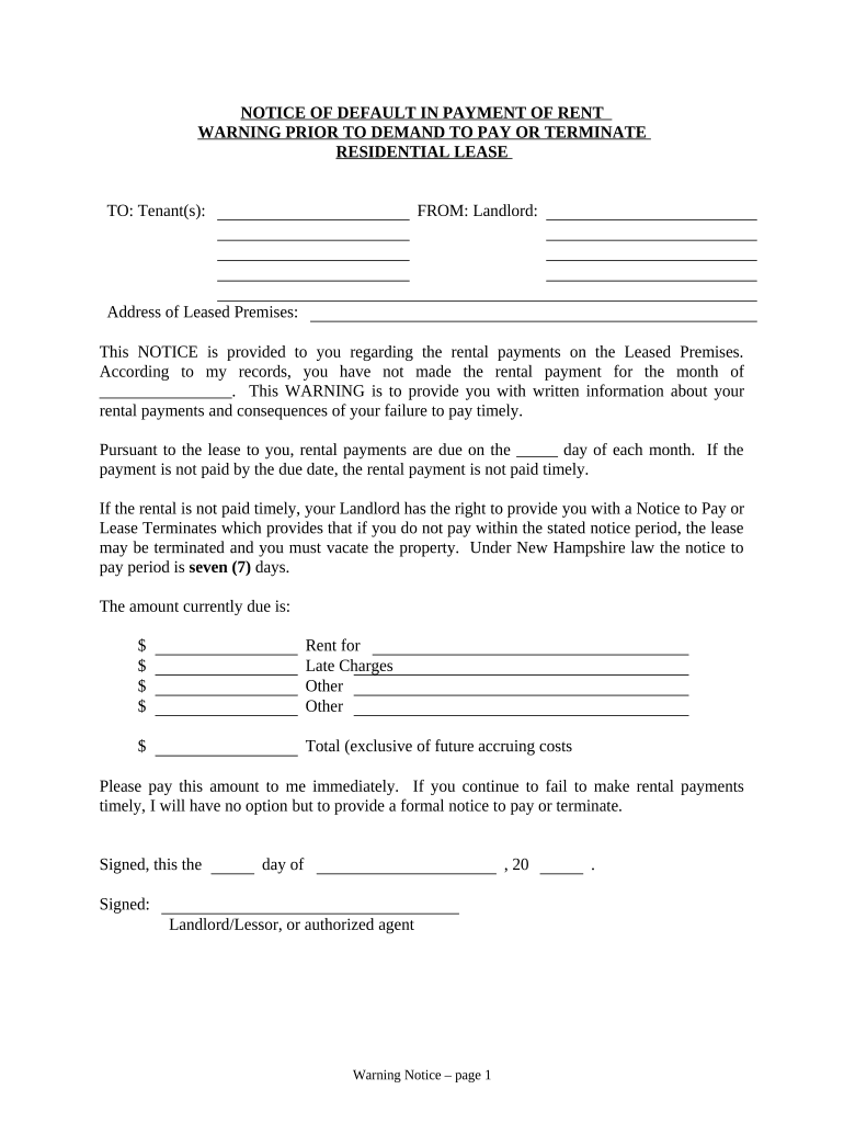 Notice of Default in Payment of Rent as Warning Prior to Demand to Pay or Terminate for Residential Property New Hampshire  Form