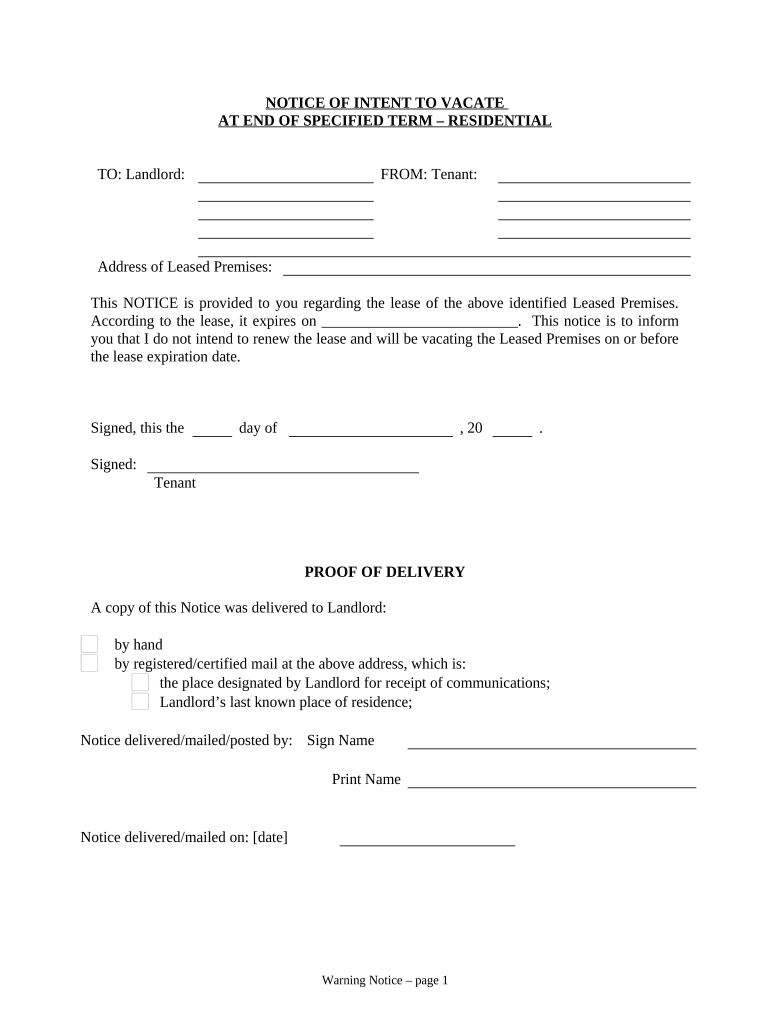 Notice of Intent to Vacate at End of Specified Lease Term from Tenant to Landlord for Residential Property New Hampshire  Form