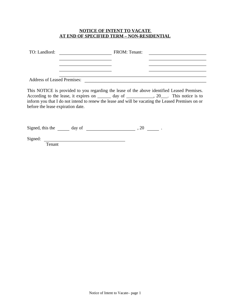 Notice of Intent to Vacate at End of Specified Lease Term from Tenant to Landlord Nonresidential New Hampshire  Form