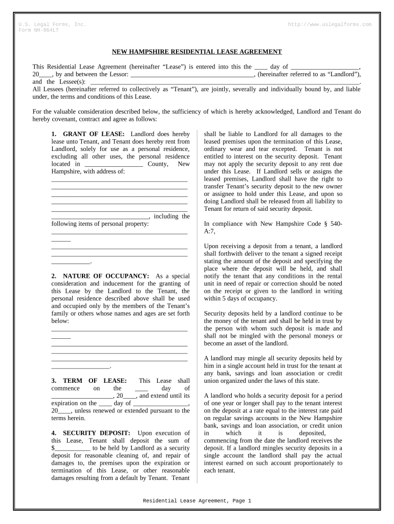 Residential Rental Lease Agreement New Hampshire  Form