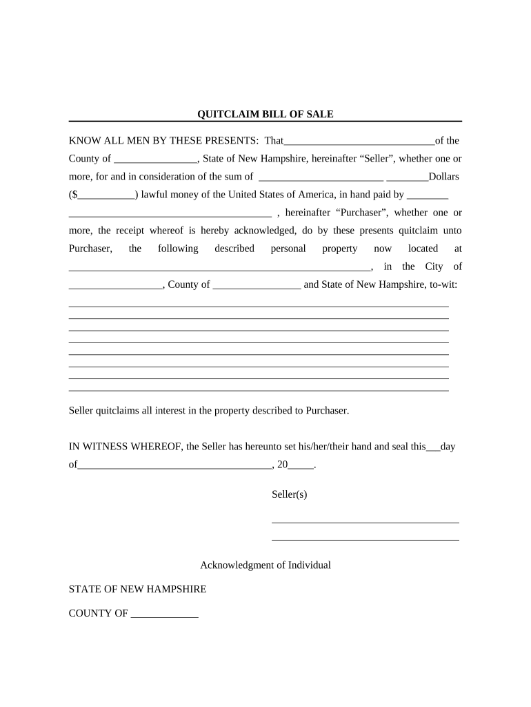 Bill of Sale Without Warranty by Individual Seller New Hampshire  Form