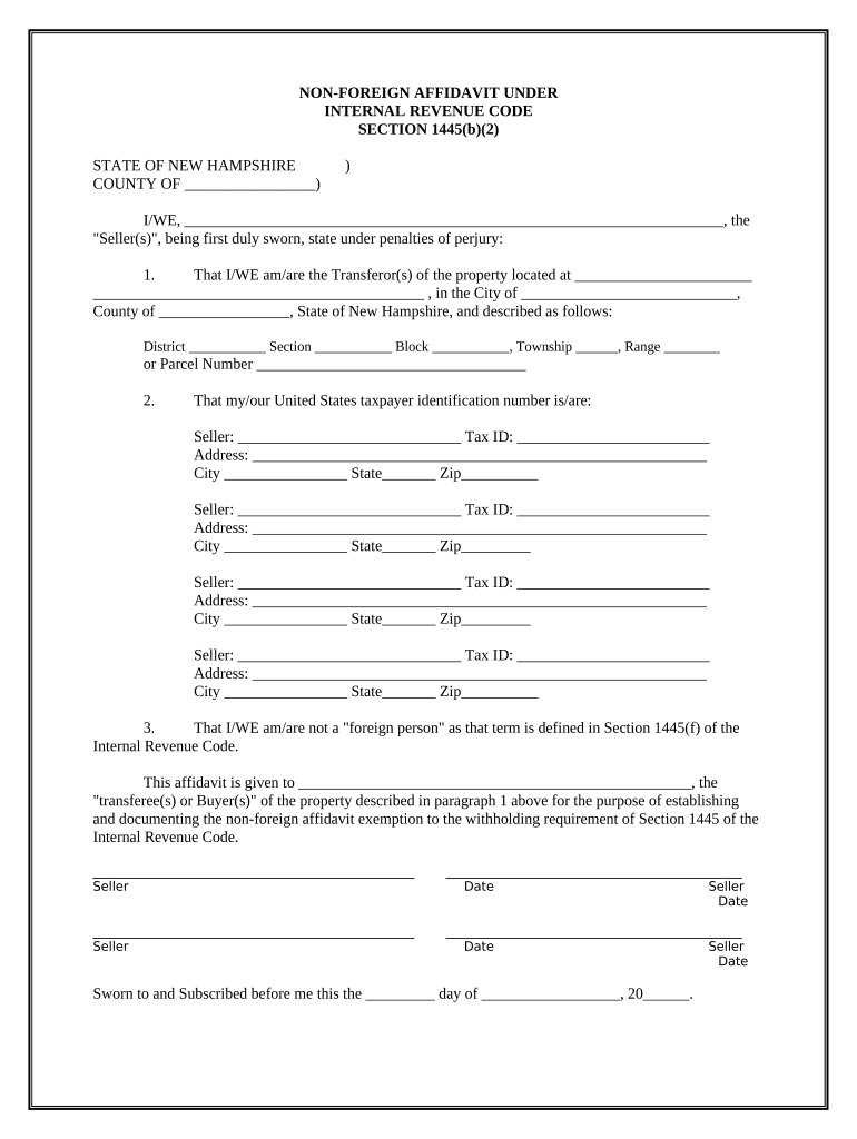 Non Foreign Affidavit under IRC 1445 New Hampshire  Form
