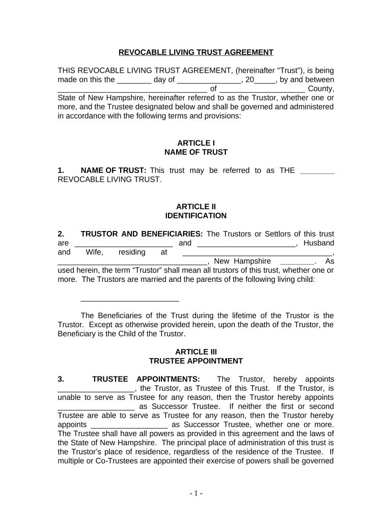 Living Trust for Husband and Wife with One Child New Hampshire  Form